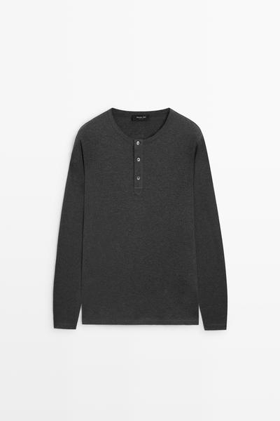 Massimo Dutti Футболка с длинным рукавом и воротником хенли из 100% хлопка