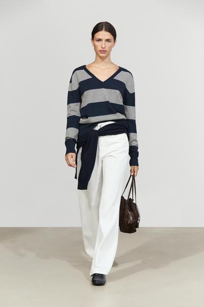 Massimo Dutti Вязаный пуловер с V-образным вырезом из шерсти и кашемира в полоску