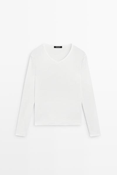 Massimo Dutti Футболка с длинным рукавом и V-образным вырезом из 100% хлопка