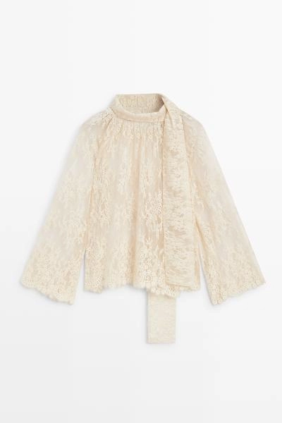 Свободная кружевная блузка с завязками- Заказать в России
