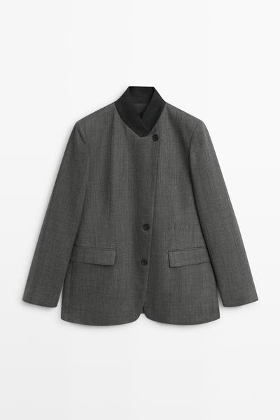 Massimo Dutti Блейзер из 100% шерсти с контрастным воротником-стойкой