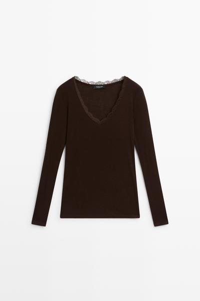 Massimo Dutti Футболка с длинным рукавом и кружевной отделкой