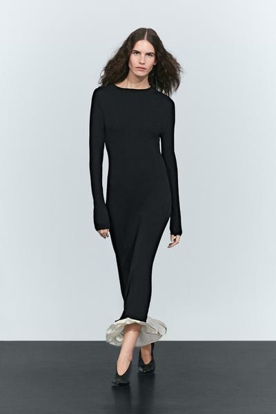 Massimo Dutti Платье миди с длинным рукавом и контрастной отделкой