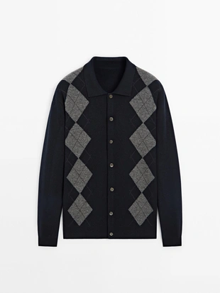 Вязаный кардиган ромбической вязки из 100% шерсти- Заказать в России