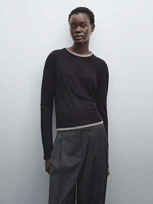 BLACK|6286/580 - Massimo Dutti Легкая двухслойная футболка из смеси шерсти