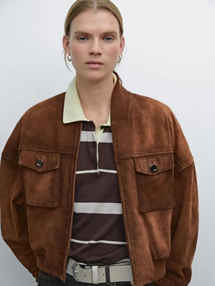 Куртка-бомбер с замшевыми кожаными карманами- Заказать в России