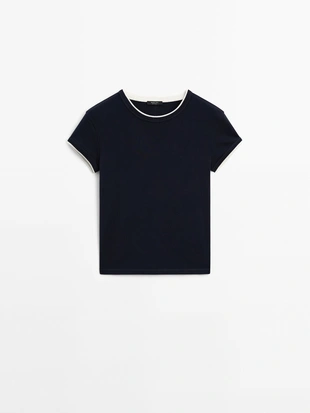 Контрастная футболка в рубчик из 100% хлопка- Заказать в России