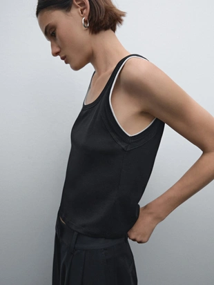 BLACK|6235/518 - Massimo Dutti Футболка из хлопка с контрастными ребристыми элементами