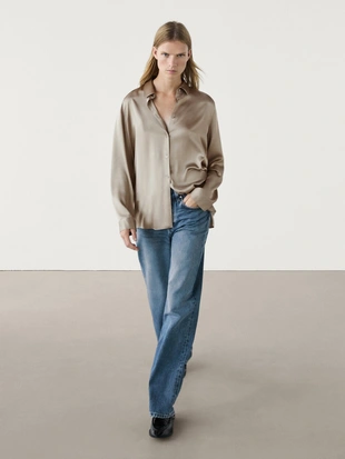 Рубашка однотонная с длинными рукавами и разрезами- Заказать в России