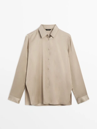 Рубашка однотонная с длинными рукавами и разрезами- Заказать в России