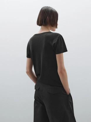 BLACK|6216/938 - Massimo Dutti Футболка с V-образным вырезом из 100% льна