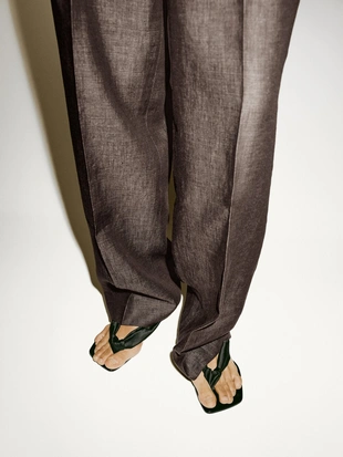 Меланжевые льняные брюки со штопкой - лимитированная серия- Заказать в России