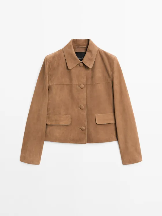 Замшевая кожаная куртка с пуговицами на подкладке