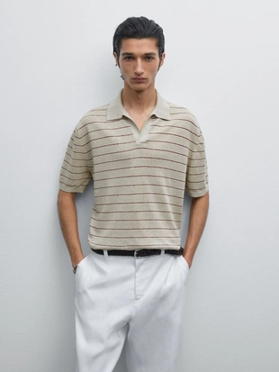Вязаная рубашка поло в полоску из 100% льна- Заказать в России