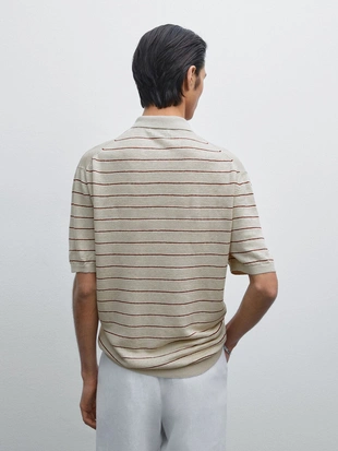 Вязаная рубашка поло в полоску из 100% льна- Заказать в России