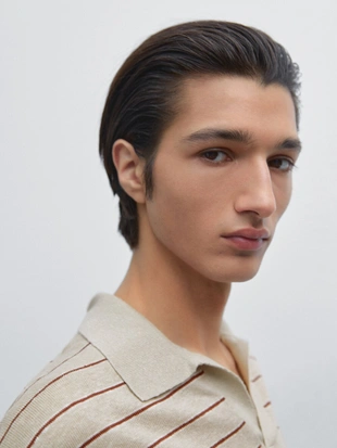 Вязаная рубашка поло в полоску из 100% льна- Заказать в России