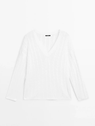 Свитер из хлопкового микса с ажурным узором- Заказать в России