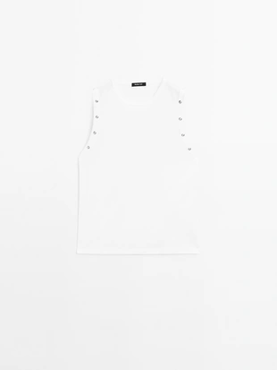 WHITE|6240/543 - Massimo Dutti Футболка с круглым вырезом и деталями на люверсах