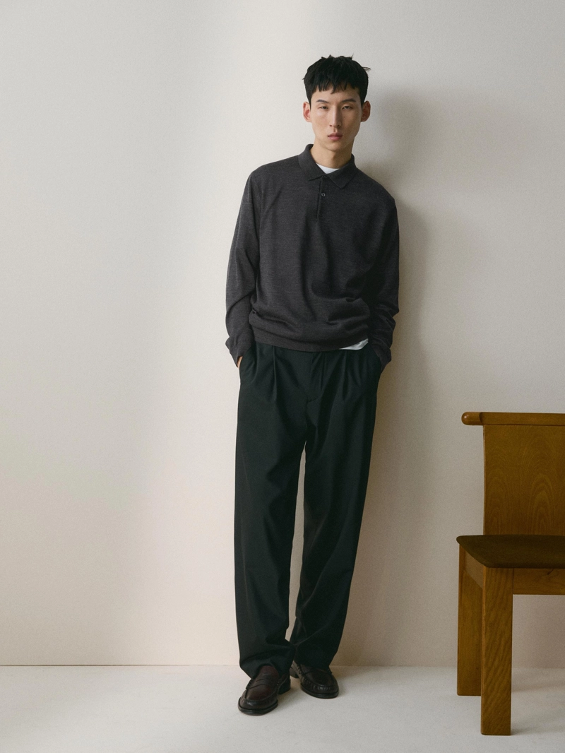 Пуловер с воротником-поло из 100% мериносовой шерсти