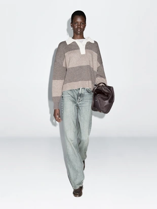 Полосатый свитер-поло из шерстяно-синтетической смеси- Заказать в России