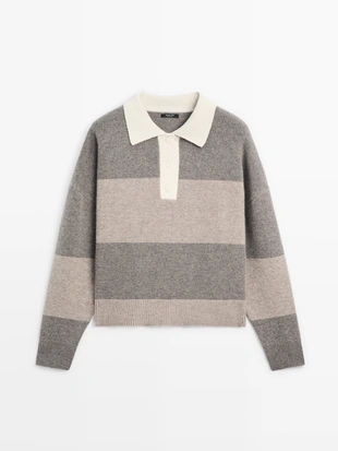 Полосатый свитер-поло из шерстяно-синтетической смеси- Заказать в России