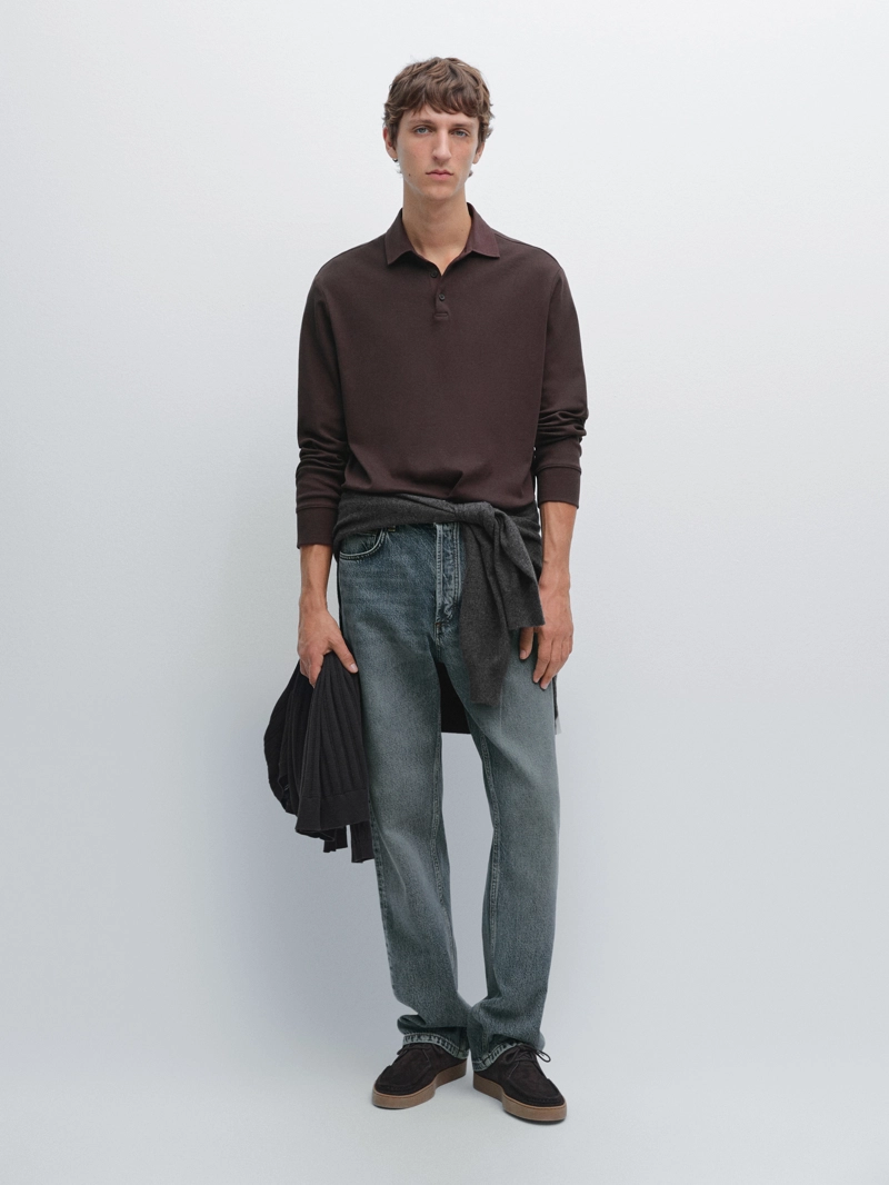 Поло с длинным рукавом и контрастным воротником