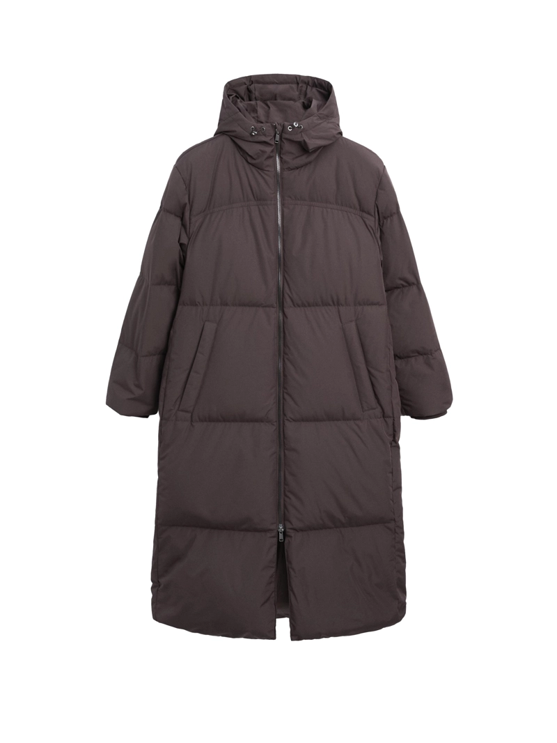 Длинный пуховик с капюшоном и защитой от влаги
