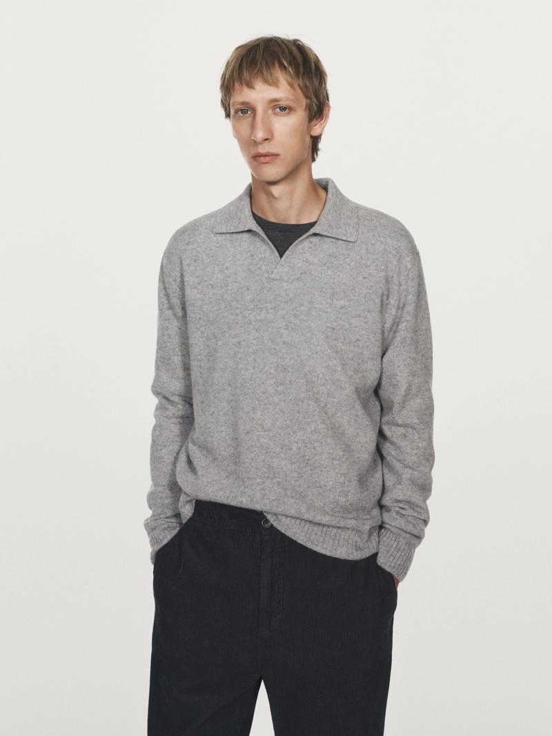 Поло-свитер с v-образным вырезом из шерстяно-смесовой пряжи