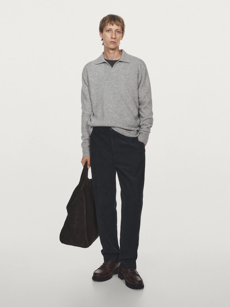 Поло-свитер с v-образным вырезом из шерстяно-смесовой пряжи