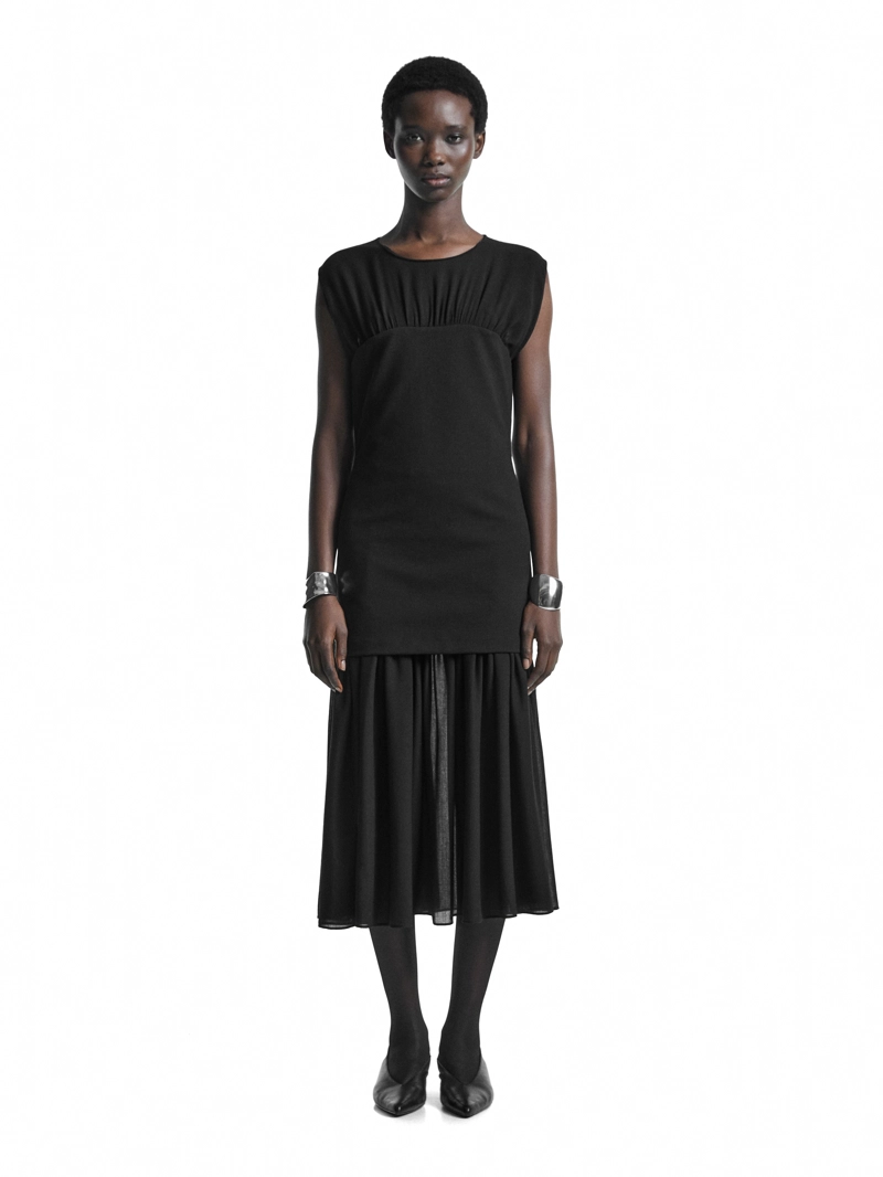 Платье-миди с контрастным полупрозрачным верхом