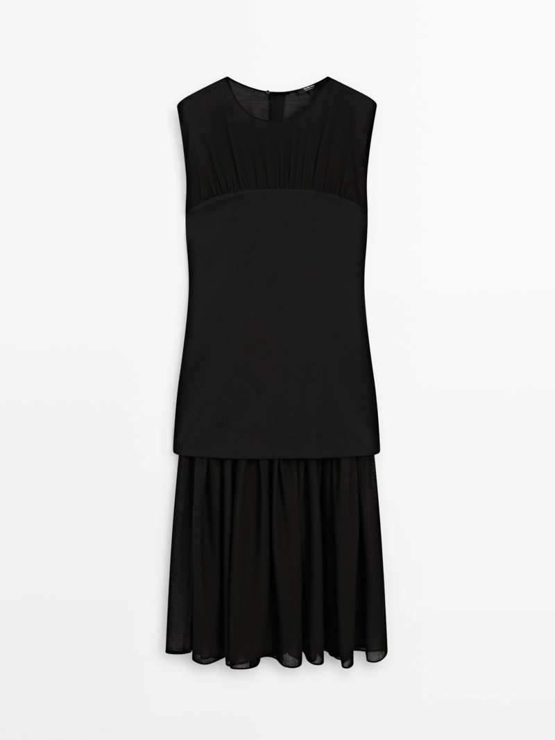 Платье-миди с контрастным полупрозрачным верхом