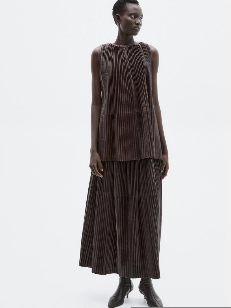 Длинная плиссированная юбка из овечьей кожи - limited