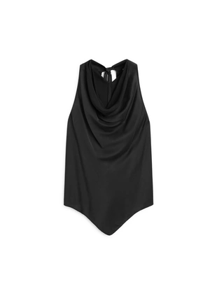 BLACK|5130/690 - Massimo Dutti Топ из шелкового микса с драпированным воротником и завязкой