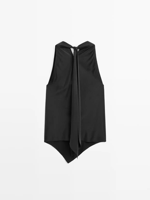 Топ из шелкового микса с драпированным воротником и завязкой- Заказать в России