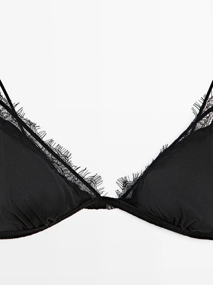 BLACK|4919/786 - Massimo Dutti Топ из шелково-шерстяной ткани с кружевными деталями