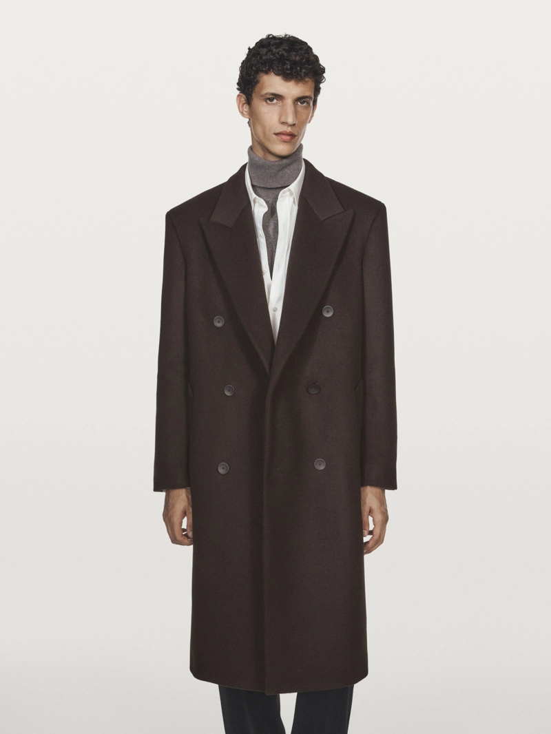 Длинное пальто с двубортной застежкой из шерстяной смеси - limited