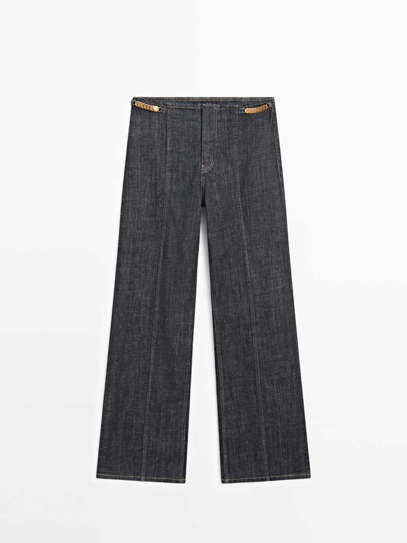 Джинсы с высокой талией и широкими штанинами с цепями