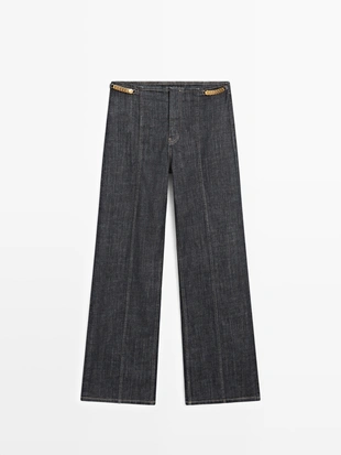 Джинсы с высокой талией и широкими штанинами с цепями- Заказать в России