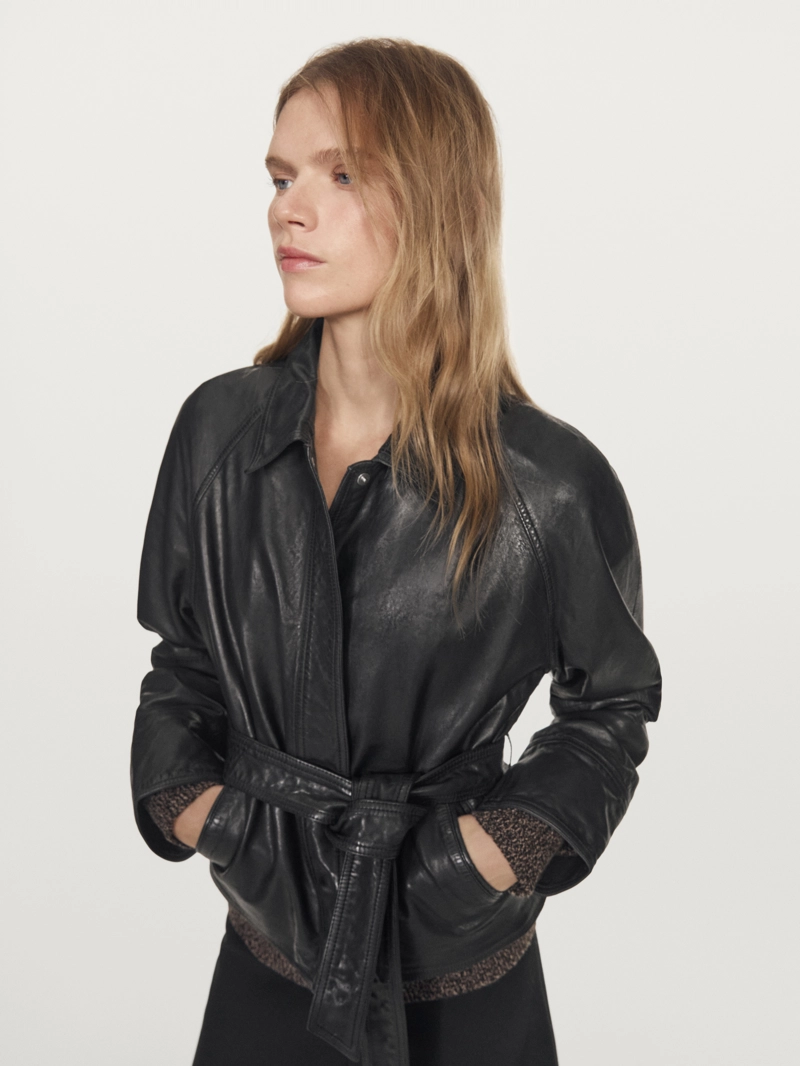 Куртка из овечьей кожи с поясом из натуральной кожи nappa