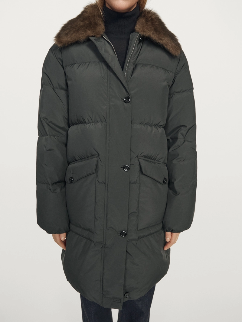 Длинный пуховик с водоотталкивающим воротником