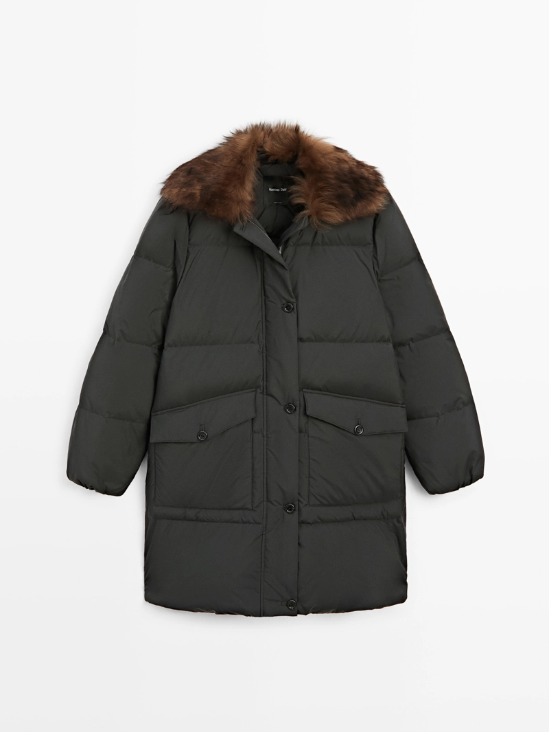 Длинный пуховик с водоотталкивающим воротником