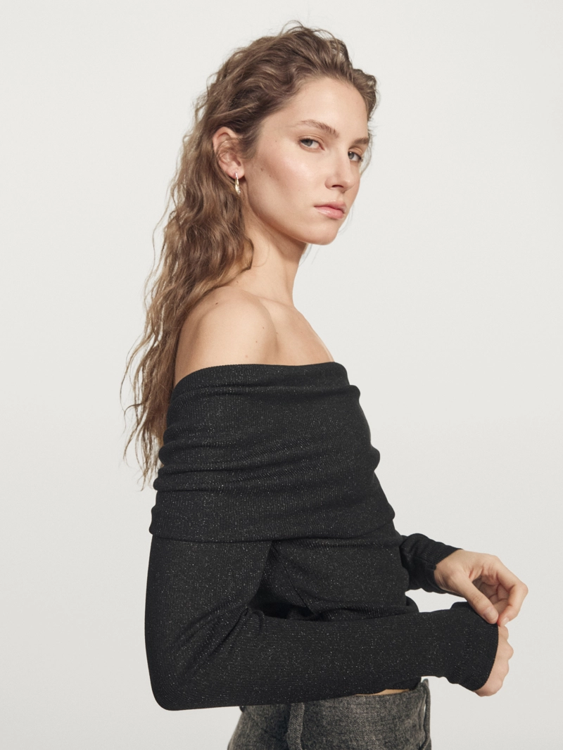 Водолазка с длинным рукавом из ребристой ткани с металлическим оттенком