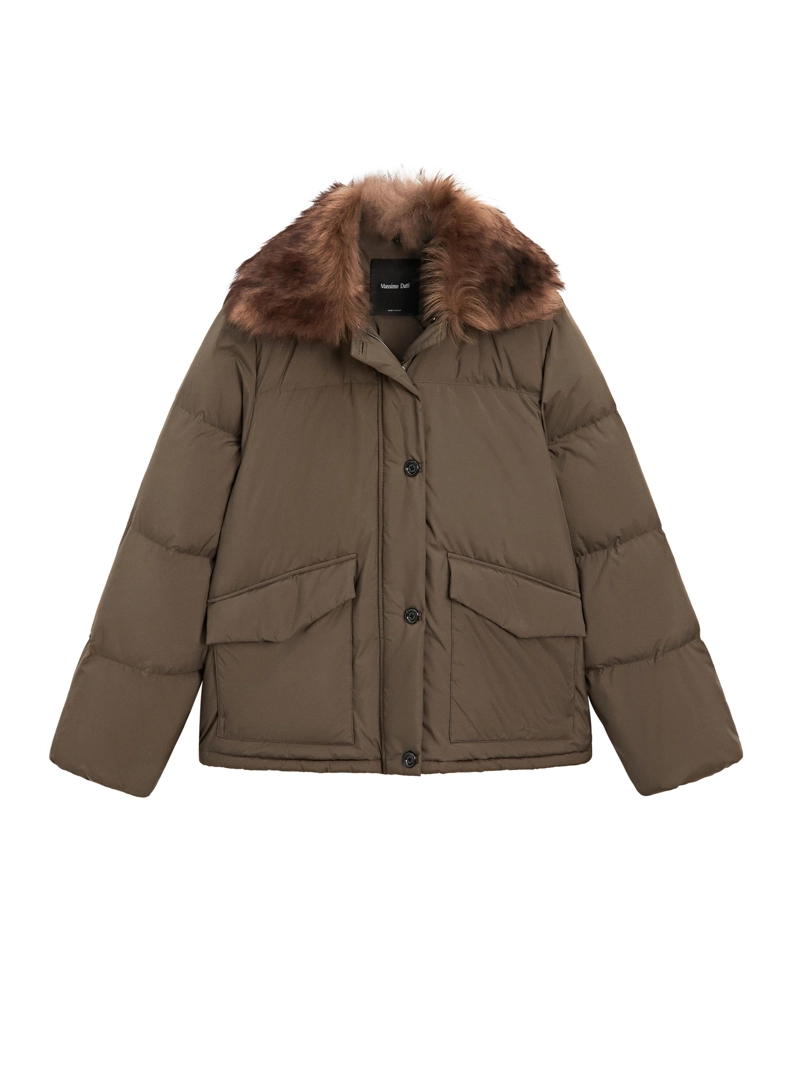 Куртка укороченная пуховая с меховым воротником