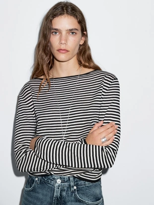 Вязанный свитер с длинным рукавом в полоску- Заказать в России