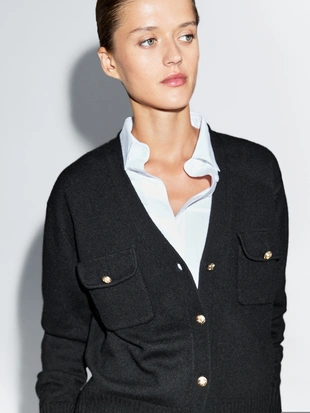 Кардиган с V-образным вырезом и золотыми пуговицами- Заказать в России