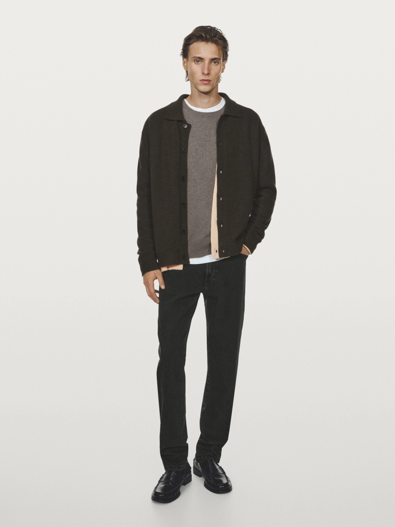 Кардиган из 100% шерсти с воротником-поло