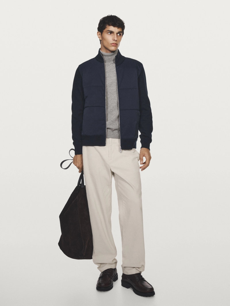 Куртка-пуховик с контрастным вязаным рукавом