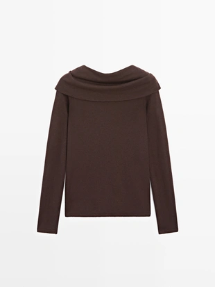 Свитер из шерстяно-хлопковой смеси с открытыми плечами- Заказать в России