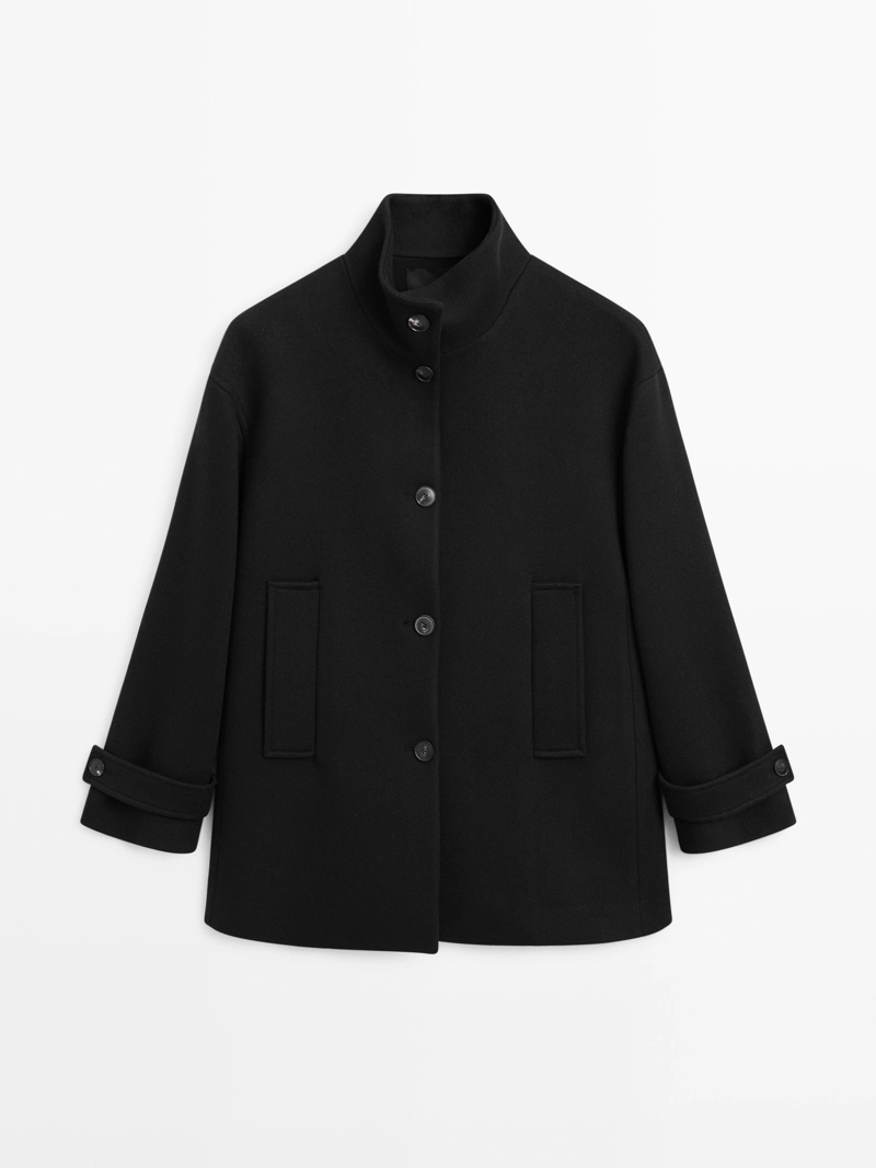 Пальто из шерстяной смеси с высоким воротником на пуговицах