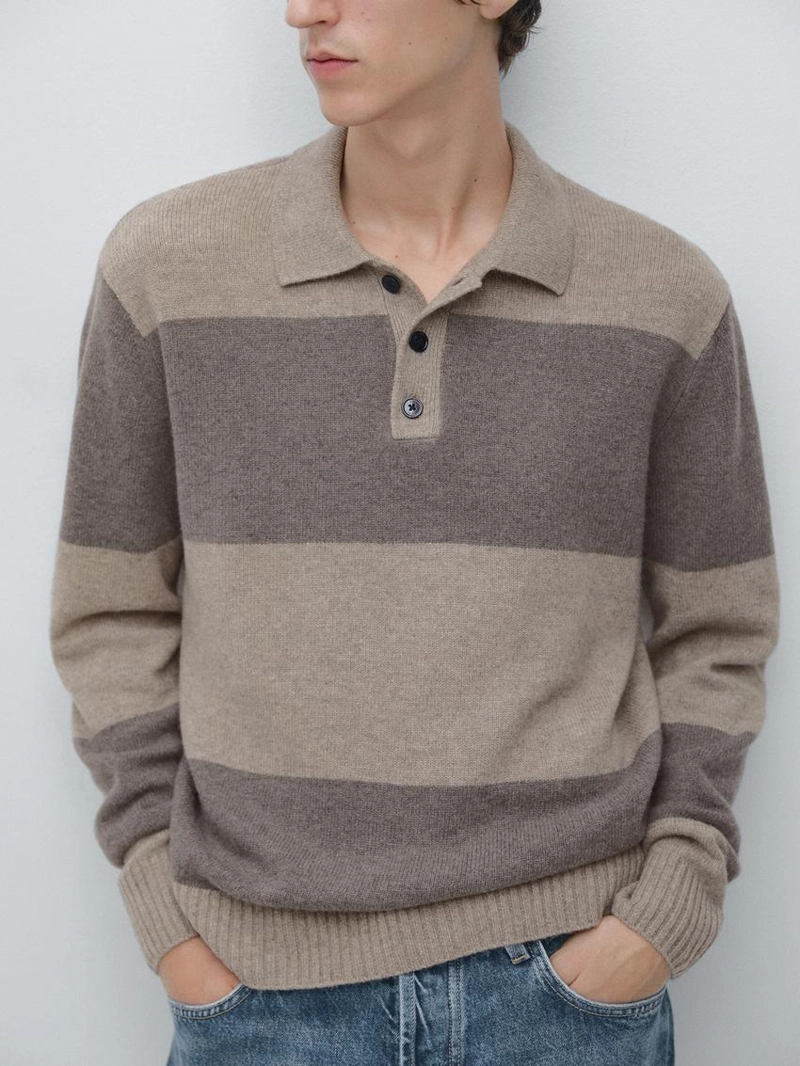 Поло свитер с поло из полосатого шерстяного трикотажа